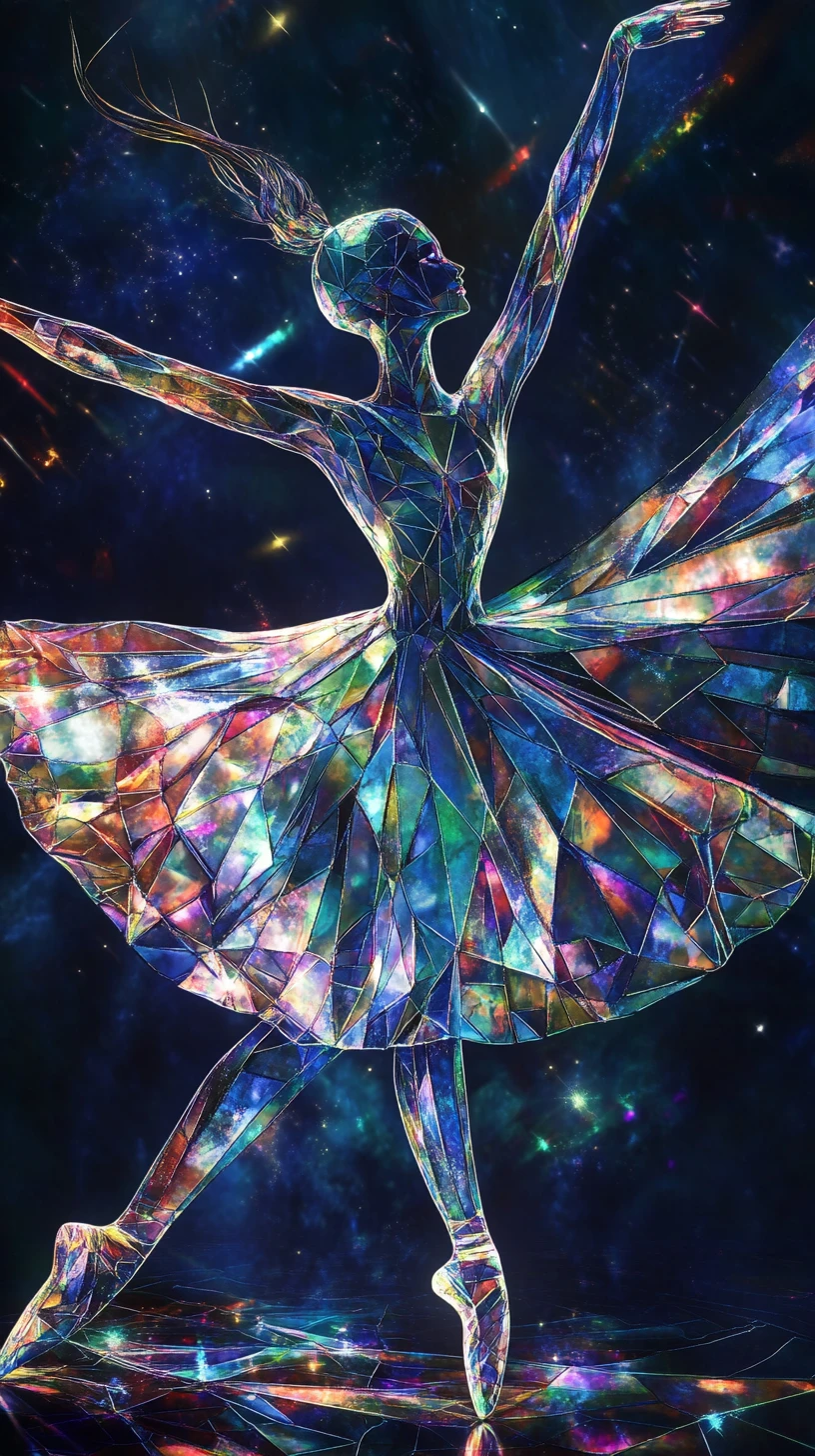 Ballerina surreale che ruota in un abito cosmico di vetro colorato