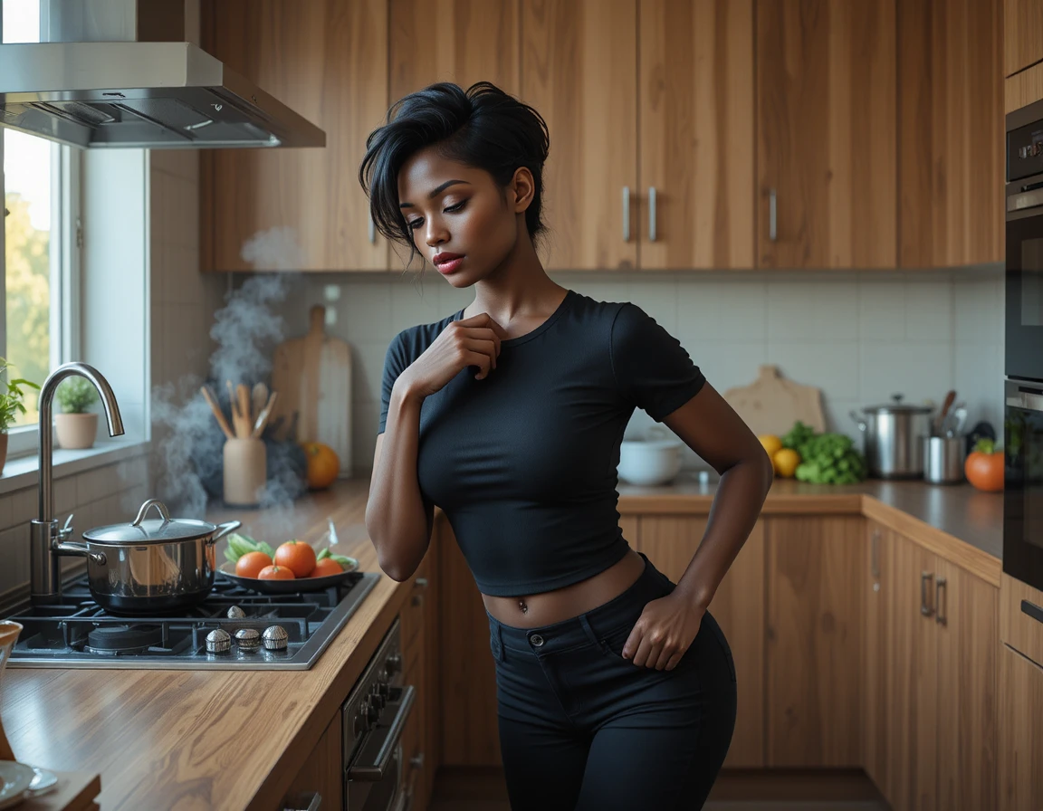 Black woman cooking in a modern sunlit kitchen