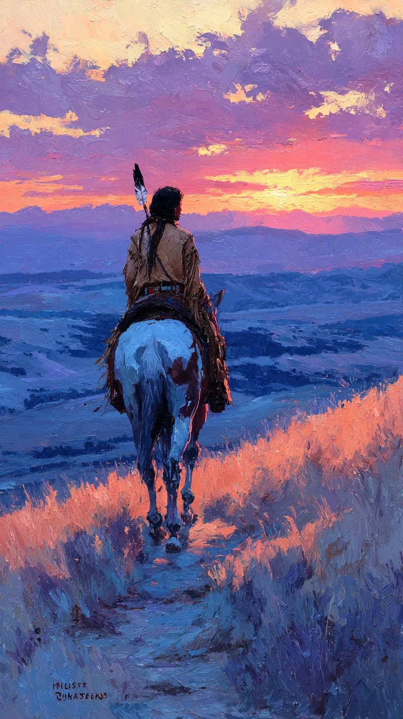 Cavaliere Lakota che attraversa le praterie al tramonto su un cavallo pezzato