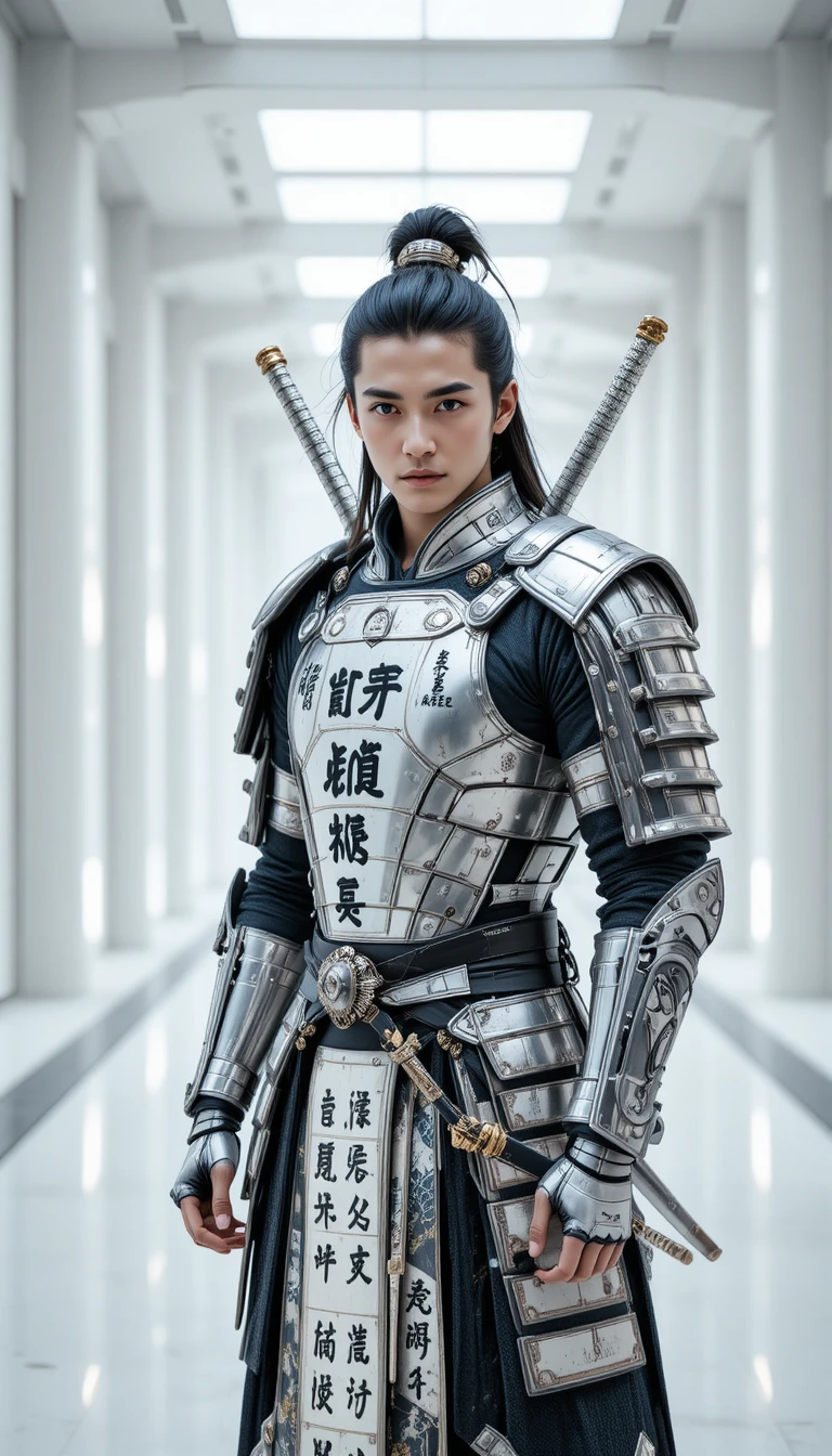 Samurai cibernético futurista em armadura prateada em um salão elegante