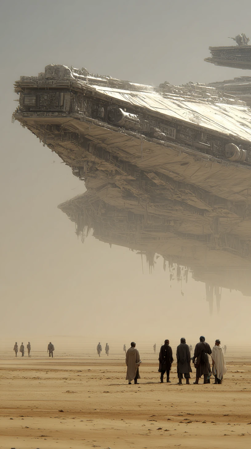 Grupo de personas observando una nave espacial sobre un paisaje arenoso