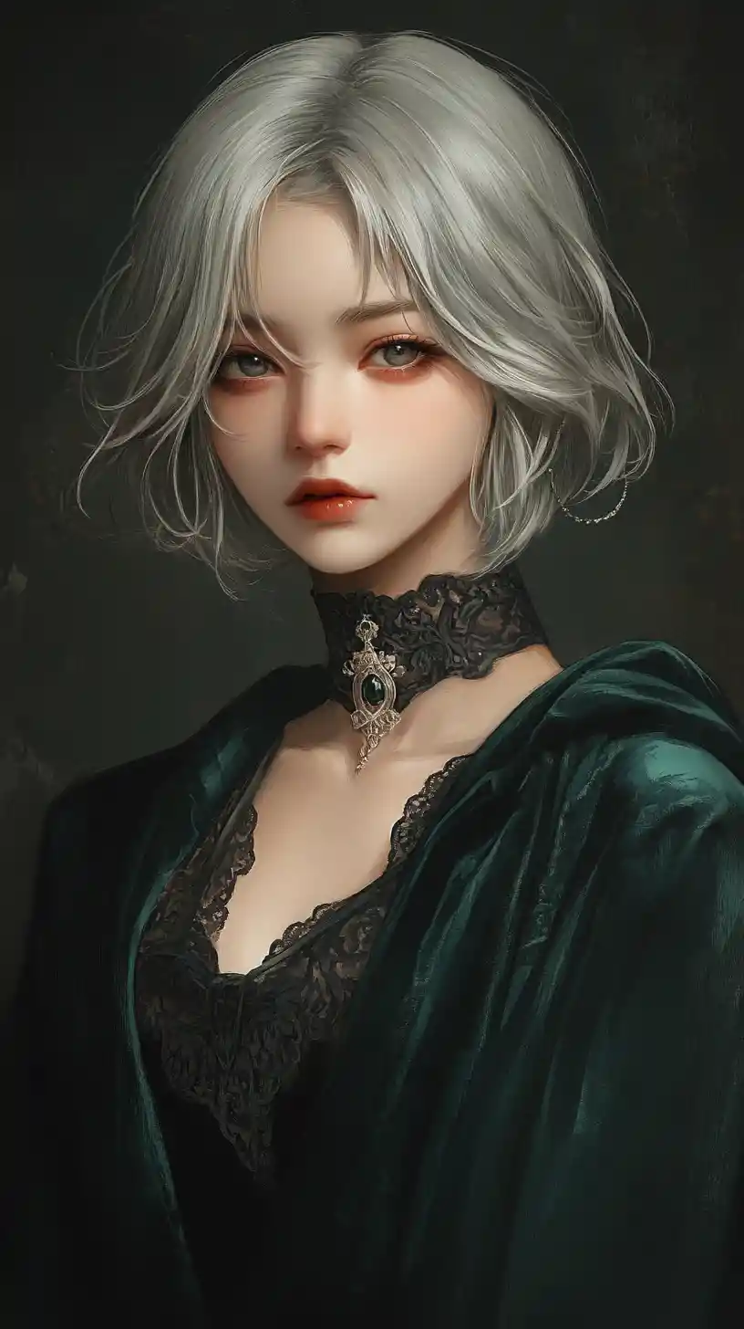 Ragazza elegante con caschetto biondo cenere e choker d’inchiostro – ritratto