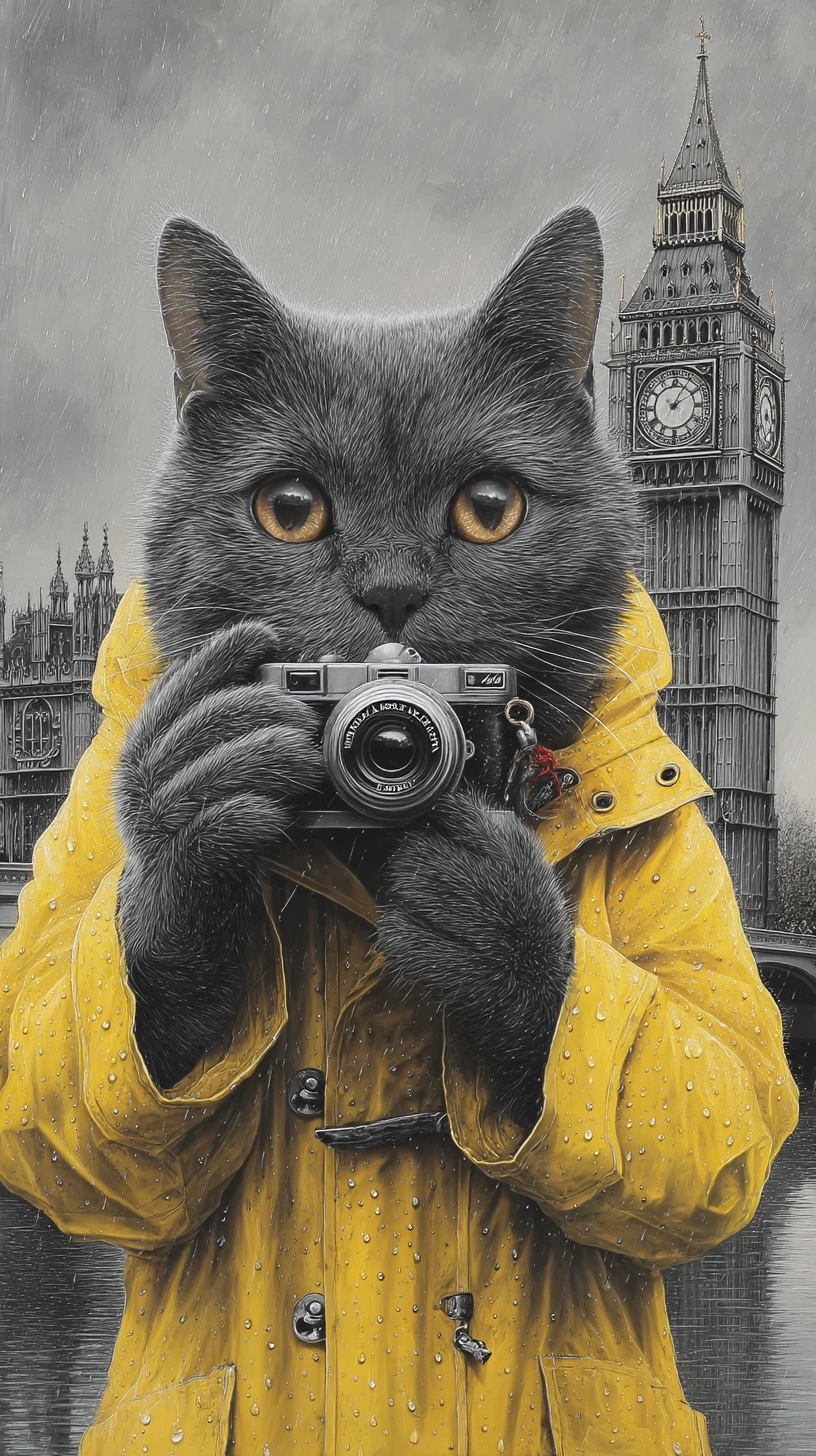 Gato cinza tirando selfie em frente ao Big Ben na chuva