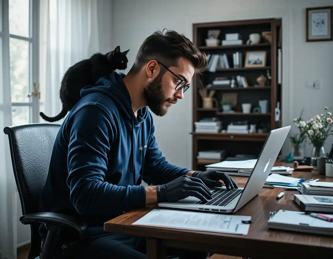 Konzentrierter Mann arbeitet am Laptop im modernen Homeoffice