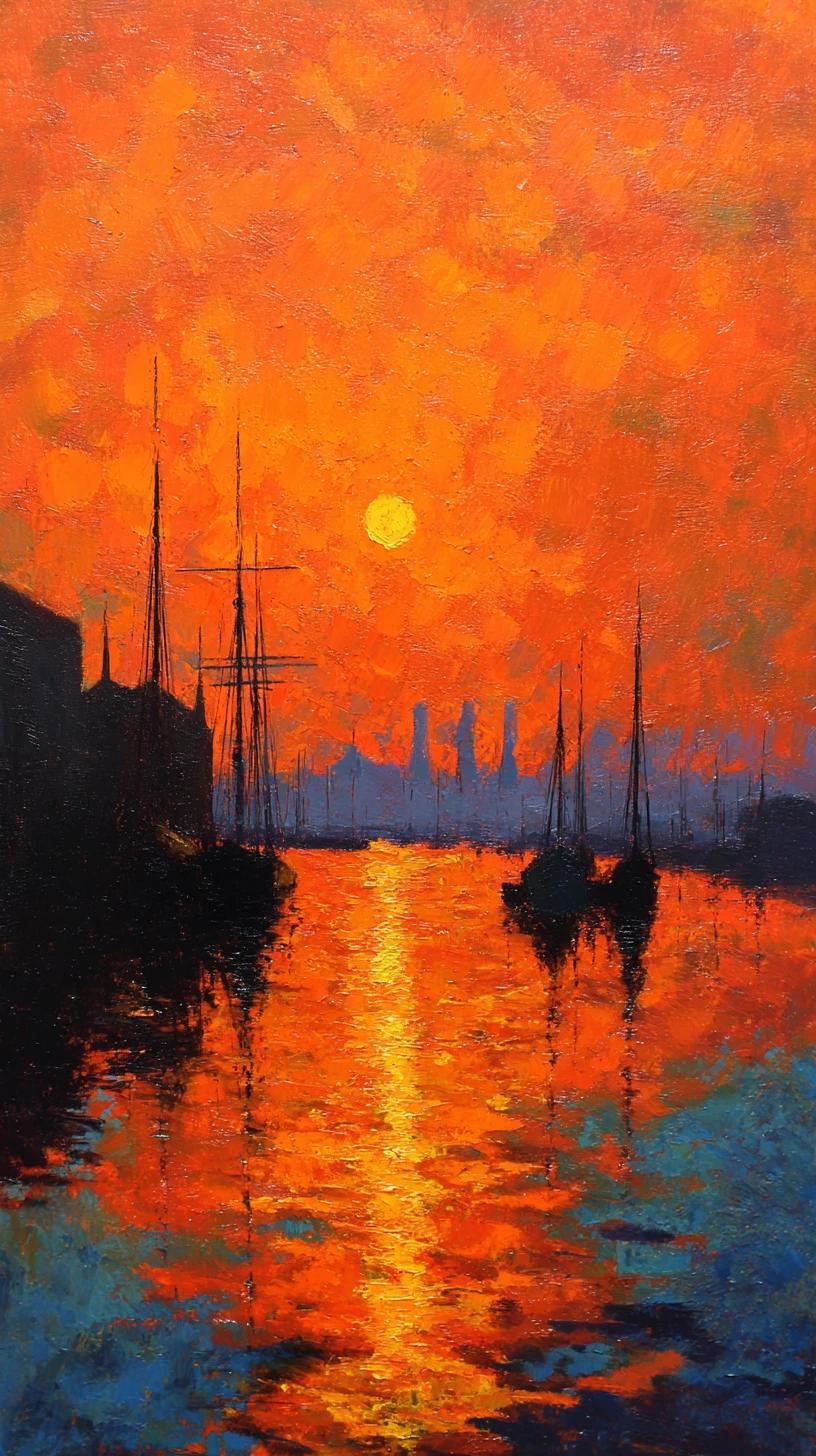 Nascer do sol impressionista sobre um porto tranquilo com barcos em silhueta