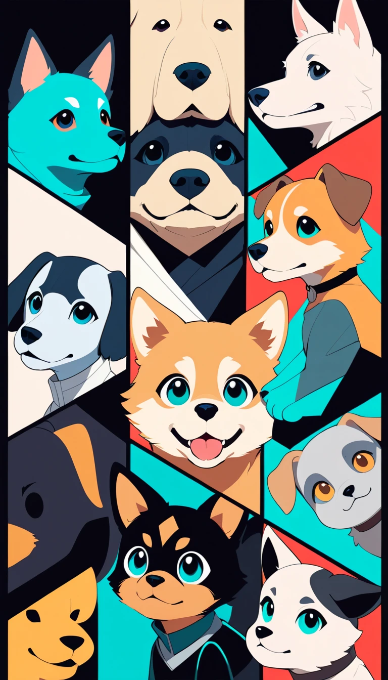 Pôster geométrico minimalista com personagens abstratos e cães