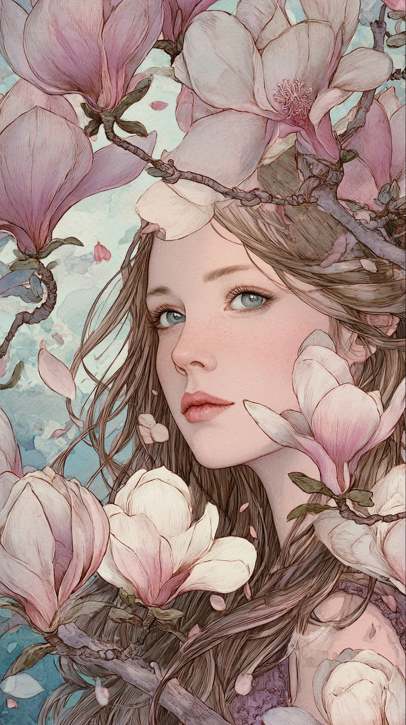 Gentle woman resting by a blooming magnolia under aurora