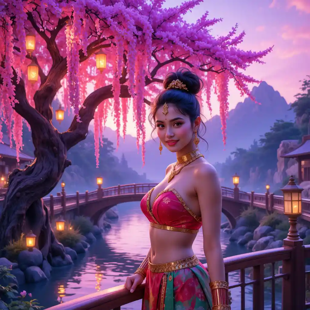 Ragazza indiana sorridente su ponte fiabesco in giardino luminoso