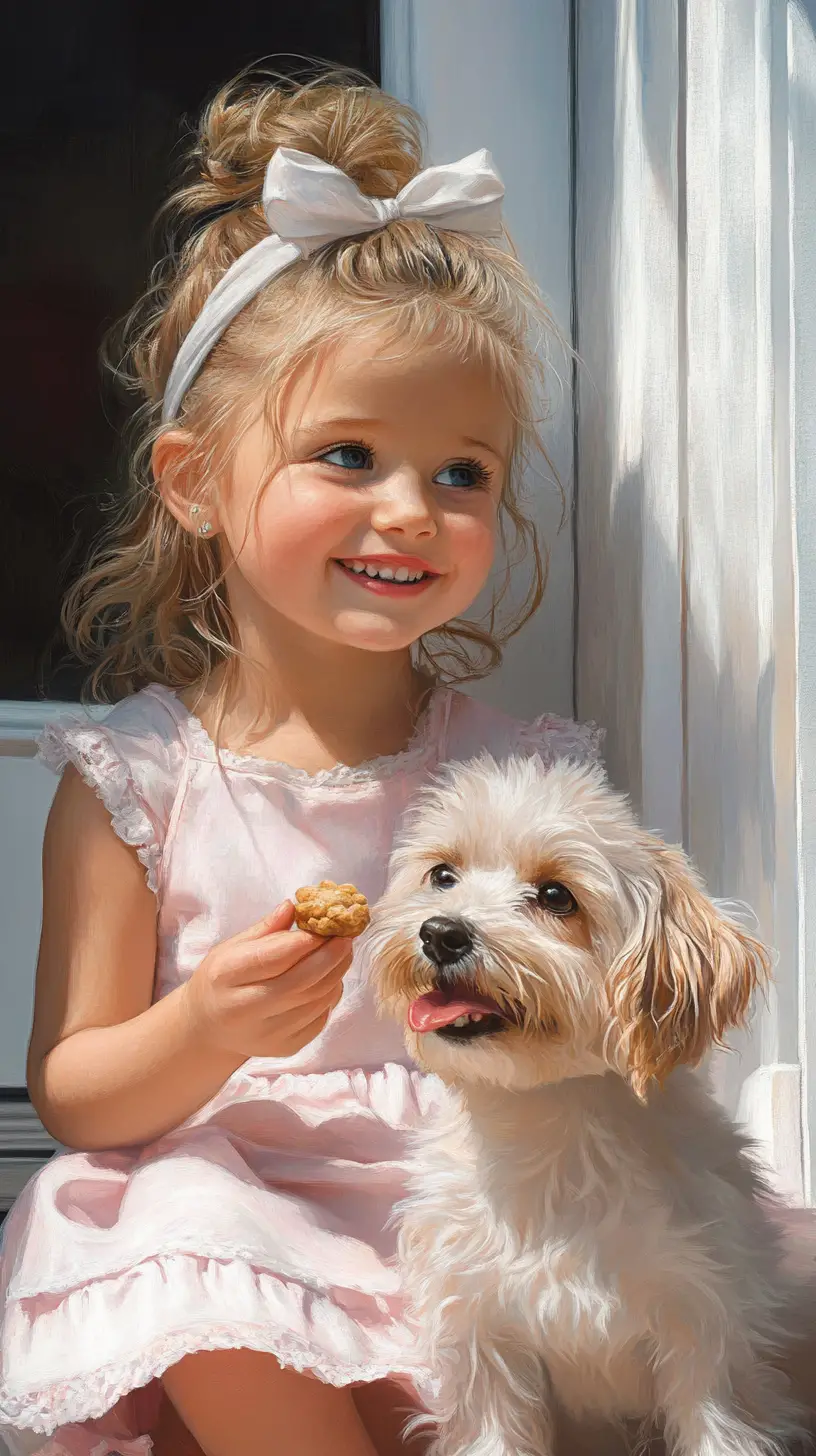 Smiling blonde girl sharing a treat with playful dog