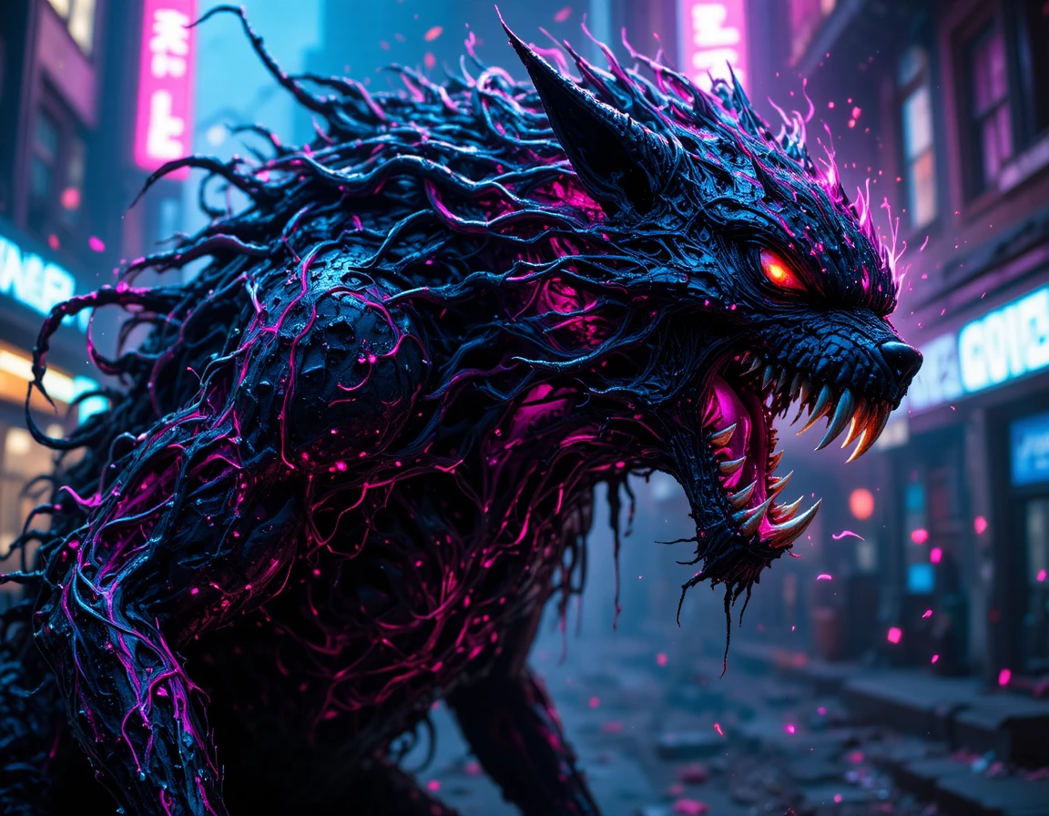 Monstro sombrio rosnando com olhos brilhantes em cidade neon