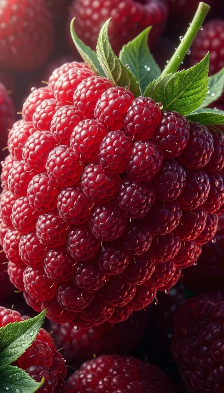 Primo piano vibrante di un lampone luminoso composto da lamponi più piccoli