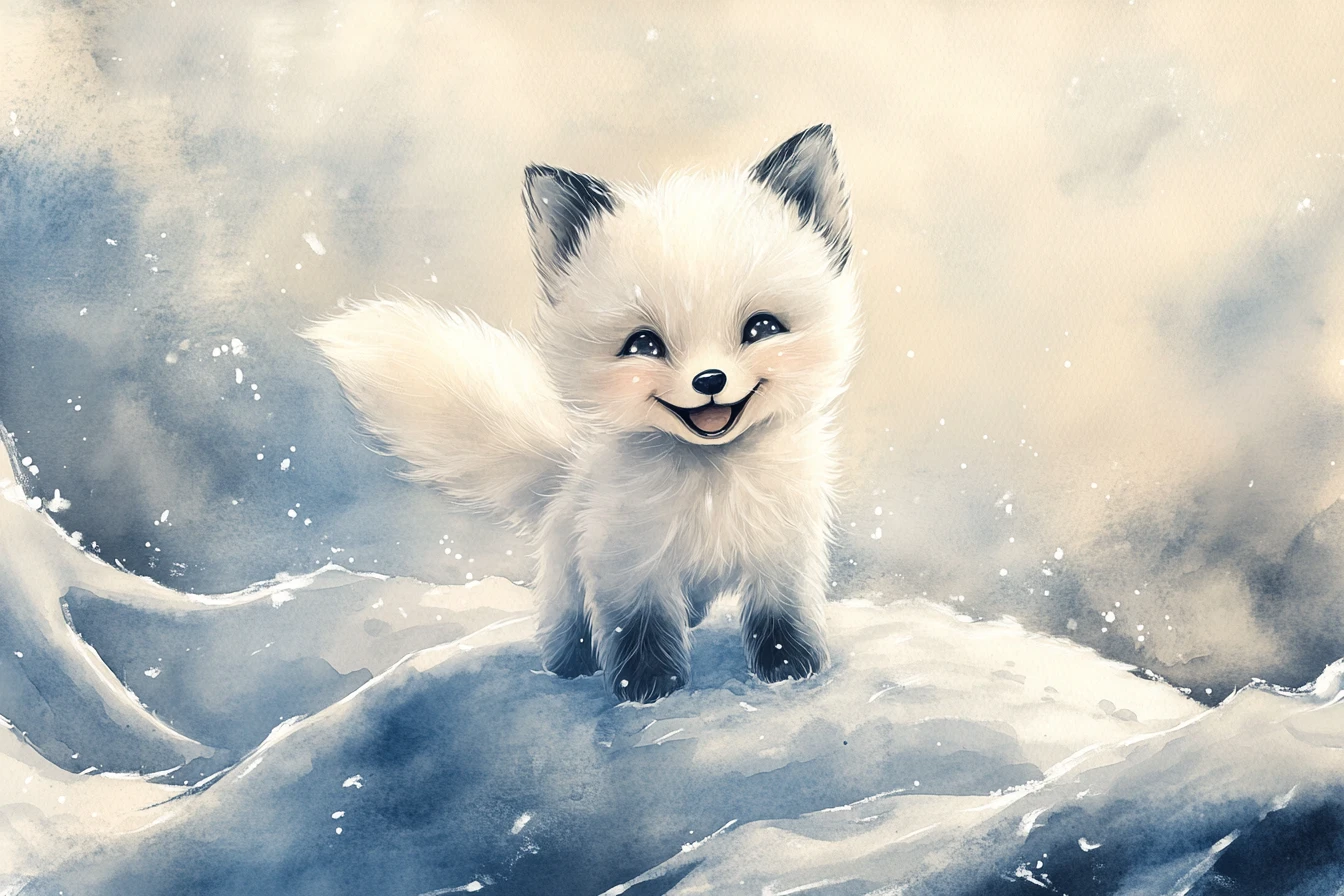 Filhote fofo de raposa-do-árctico em aquarela em colina nevada de inverno