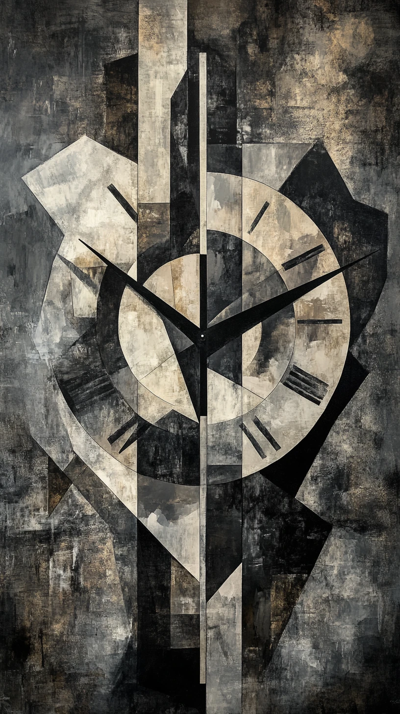 Cubist geometric clock with intense monochrome chiaroscuro focus