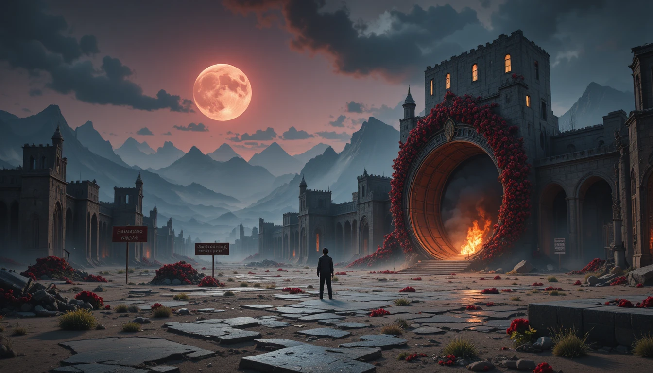 Portal sombrio em um deserto árido sob uma lua vermelho-sangue
