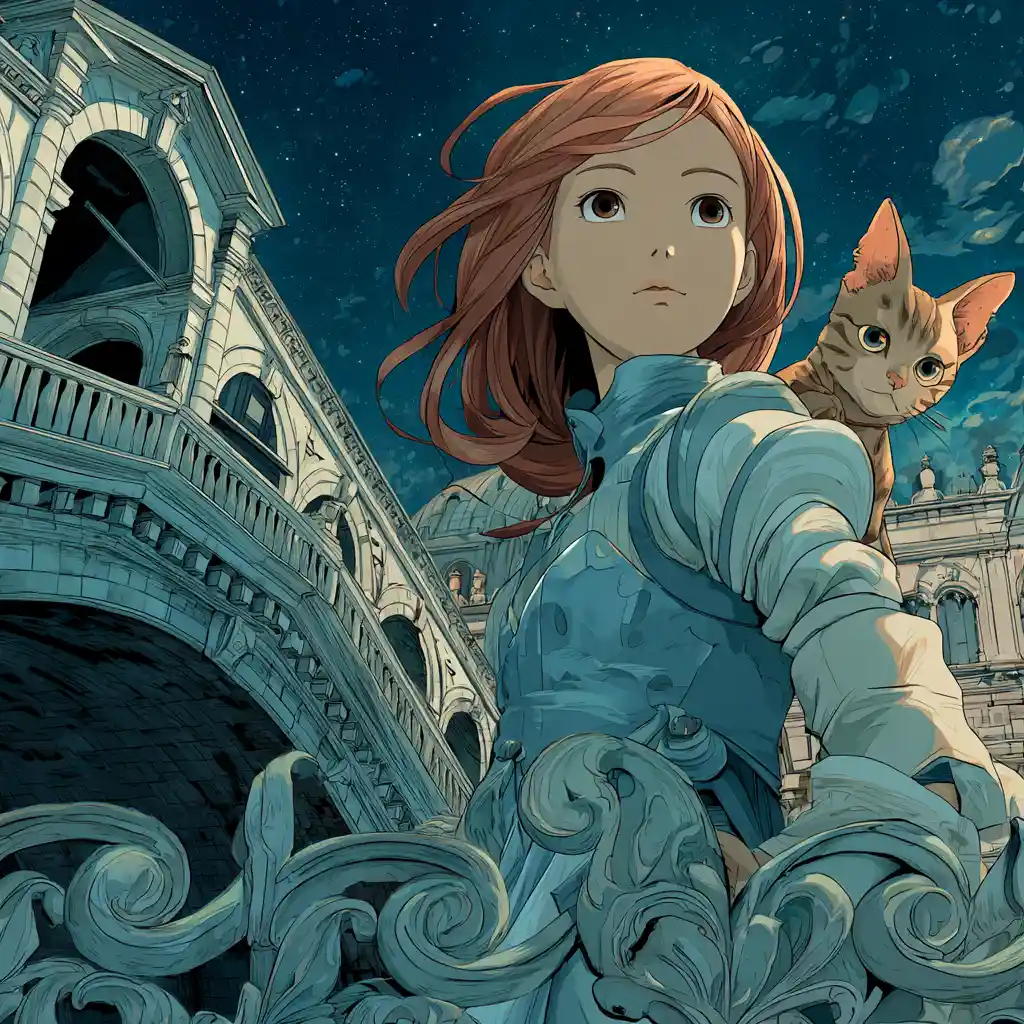 Anime woman on a rococo bridge in windy Venice