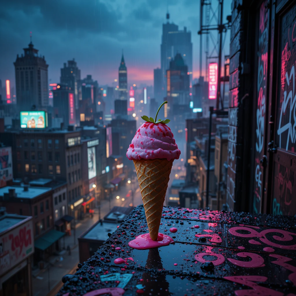 Strawberry ice cream cone on gritty neon city fire escape