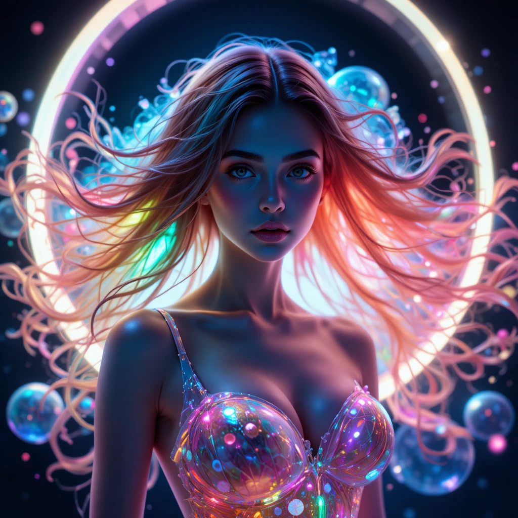 Donna dai capelli al neon che brilla tra bolle cosmiche iridescenti