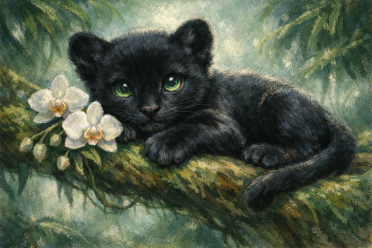 Bébé panthère noire reposant sur une branche d’arbre dans la jungle