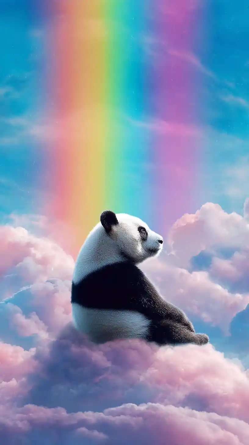 Cute panda sitting on a cloud under a bright rainbow