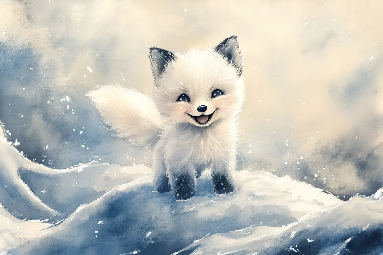 Niedliches Baby-Polarfüchschen als Aquarell auf verschneitem Winterhügel