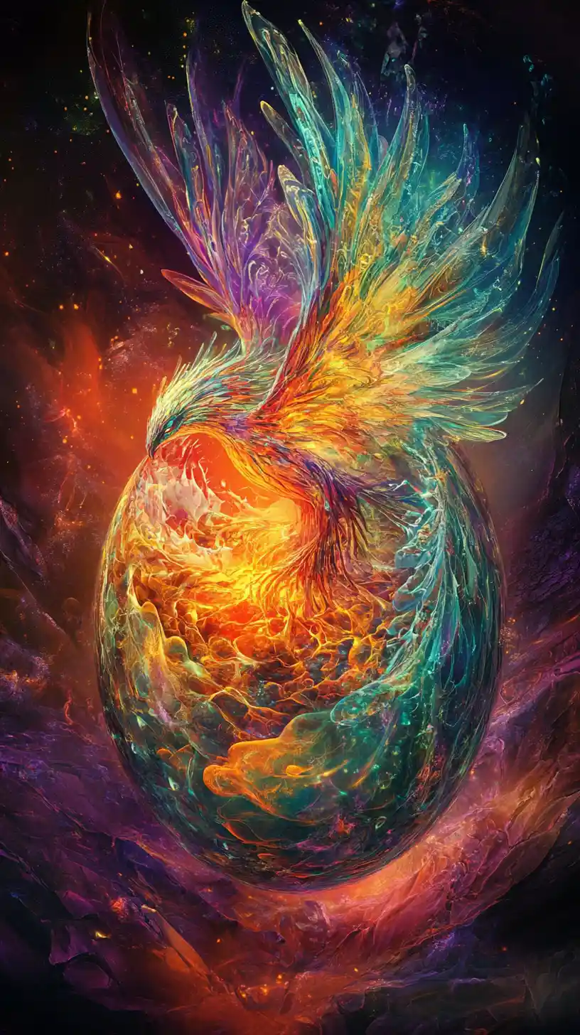 Creatura mistica che emerge da un uovo radioso e luminoso