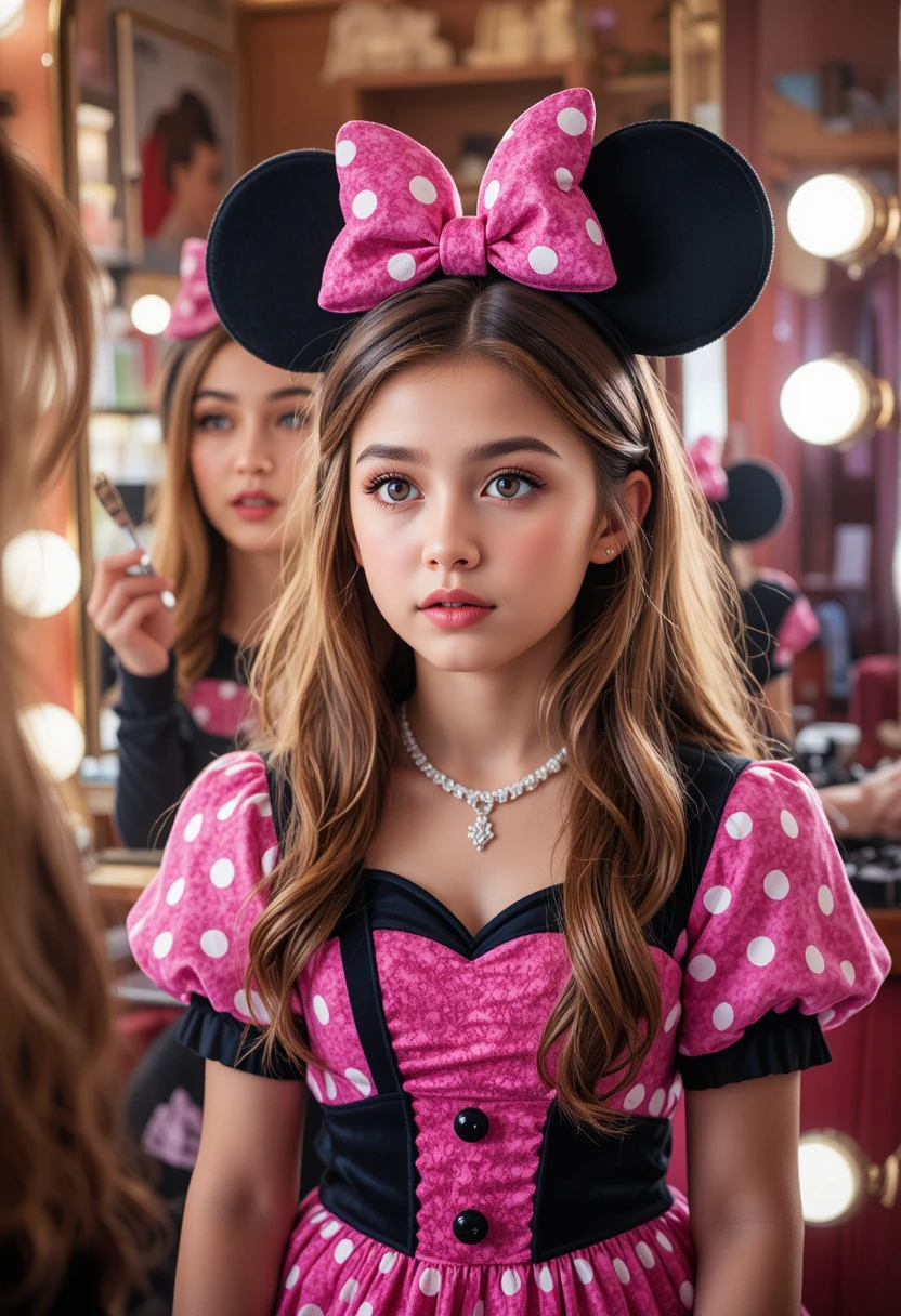 Menino jovem com vestido rosa da Minnie em frente ao espelho de maquiagem de boutique