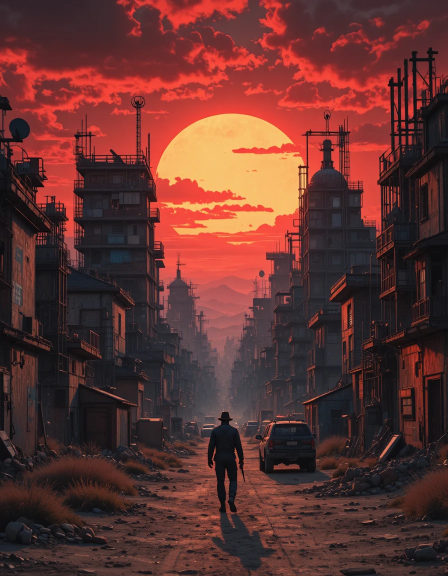 Fortaleza de bandidos pós-apocalíptica sob o céu vermelho do pôr do sol