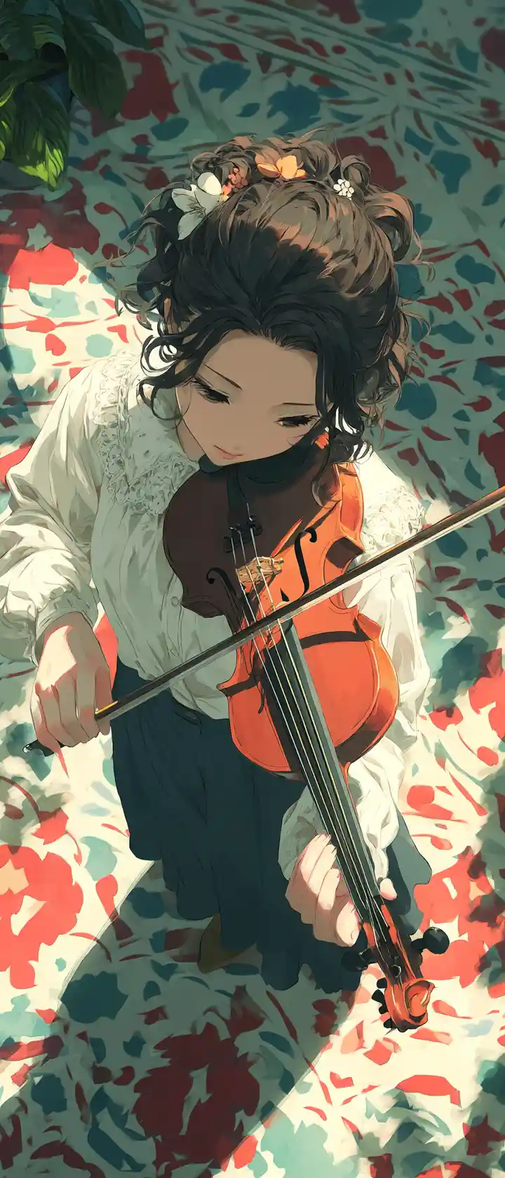 Anime violinist playing in a colorful sunlit art studio