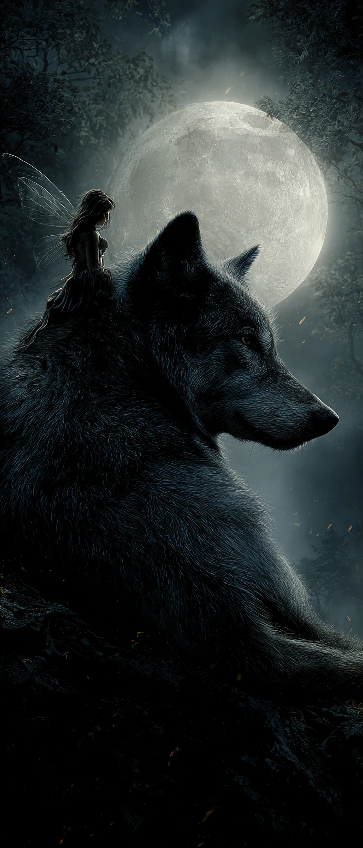 Lobo e fada sob uma lua cheia luminosa