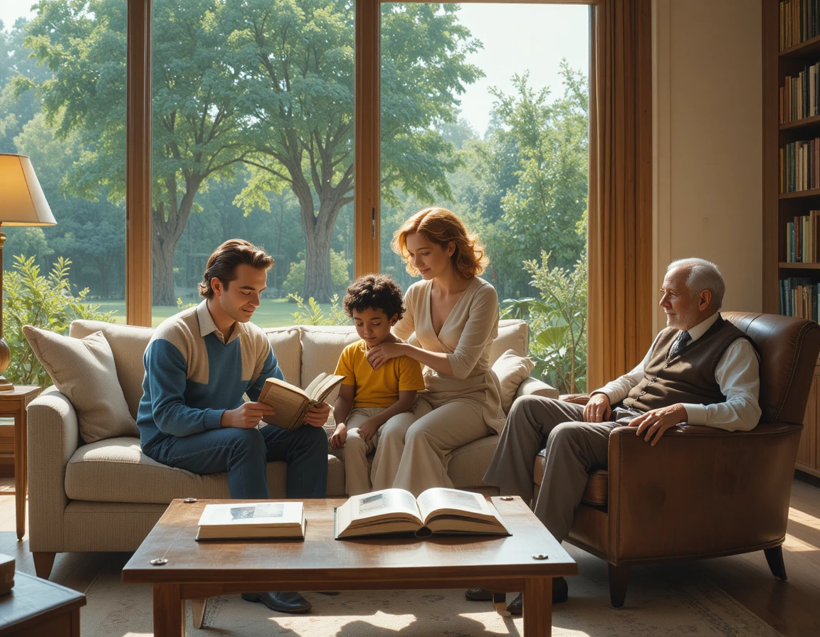 Sunlit family in a seventies style living room