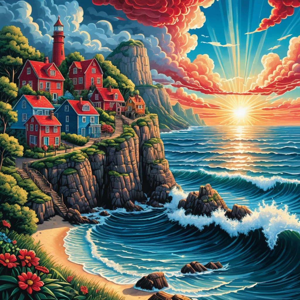 Ville côtière colorée sur des falaises sous les rayons éclatants du soleil d’été