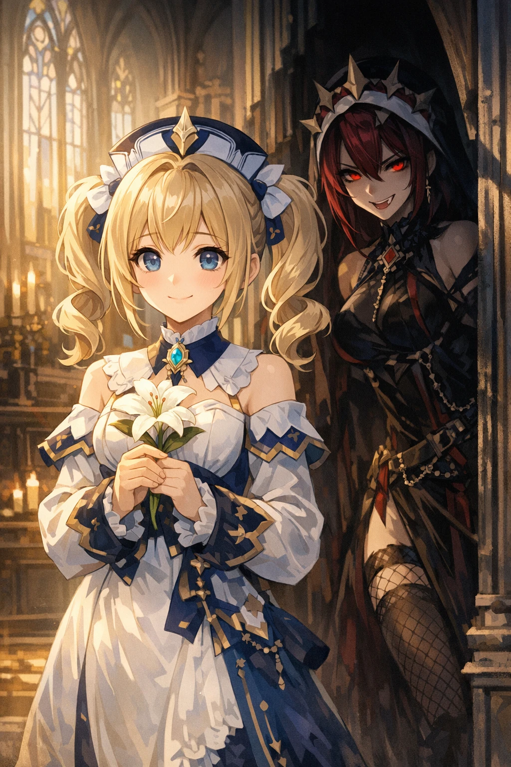 Innocent anime girl with flower in a gothic cathedral