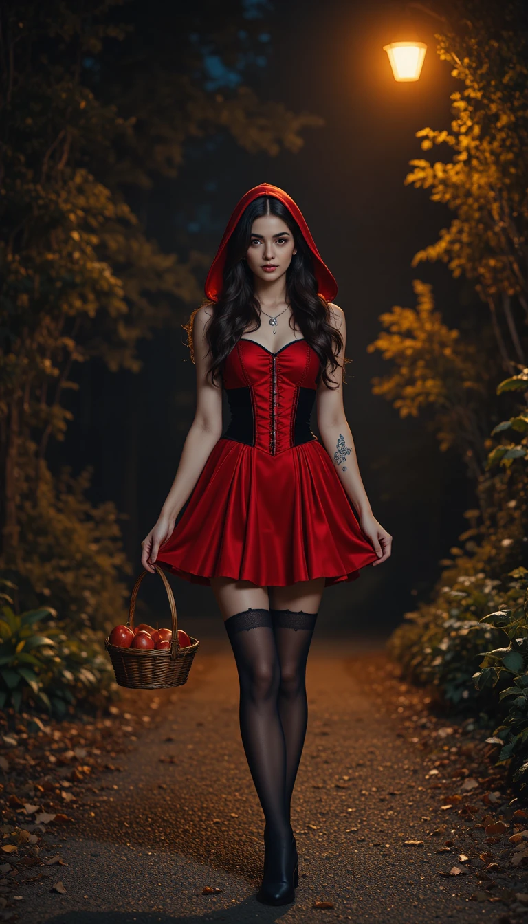 Joven con capucha roja caminando por un sendero de bosque oscuro