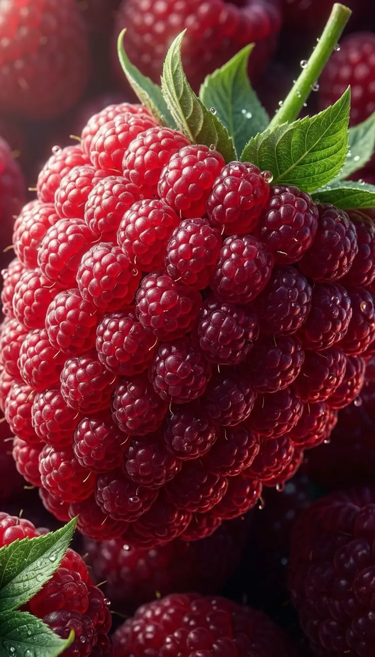 Primo piano vibrante di un lampone luminoso composto da lamponi più piccoli