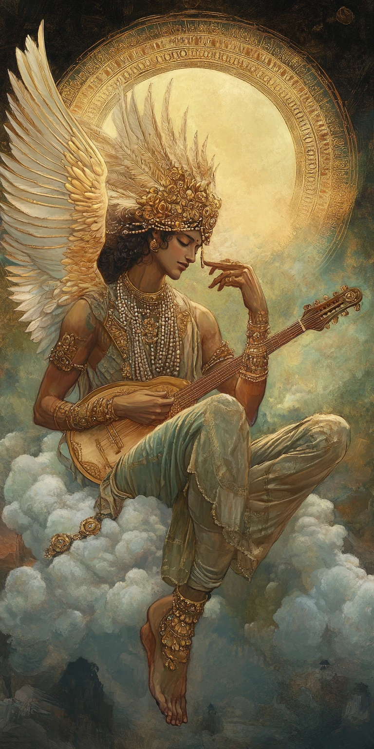 Harpia alada majestosa tocando alaúde em nuvem luminosa