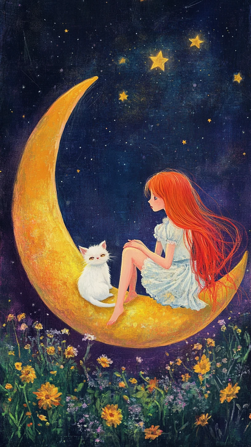 Red haired girl and white cat on a crescent moon