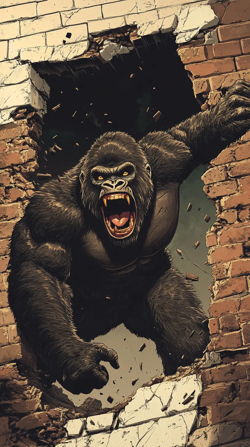 Brüllender Gorilla, der im Comic-Stil durch eine Ziegelmauer bricht