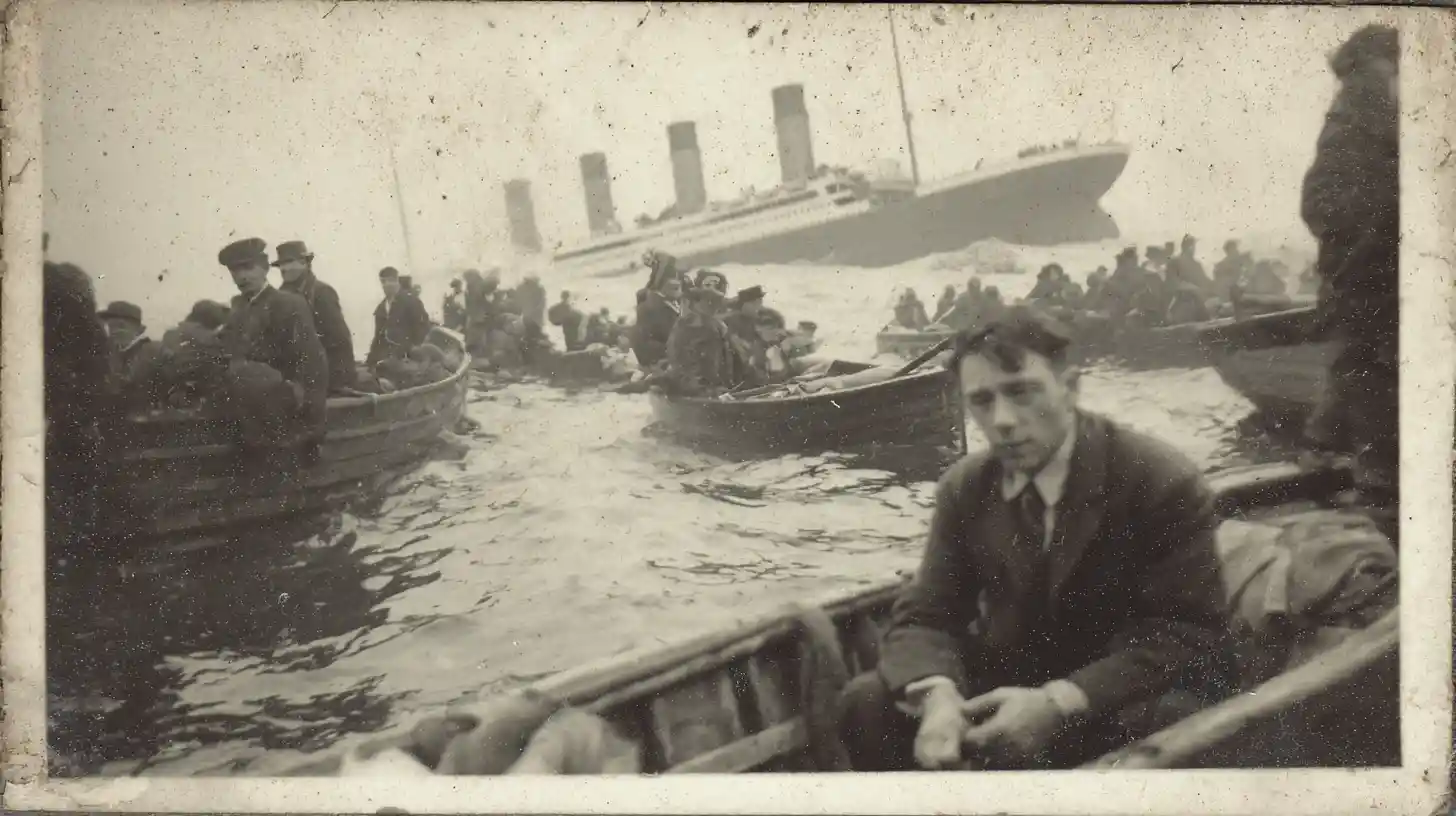 Ashamed man in lifeboat watching the great ship sink
