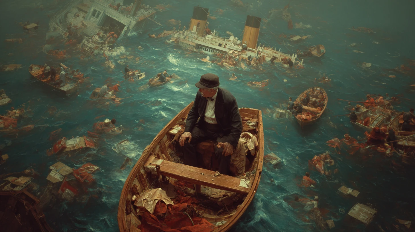 Sinking ocean liner viewed from a crowded lifeboat