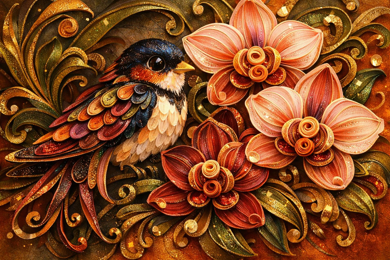 Pássaro lúdico em quilling de papel com orquídeas em cores quentes e ricas