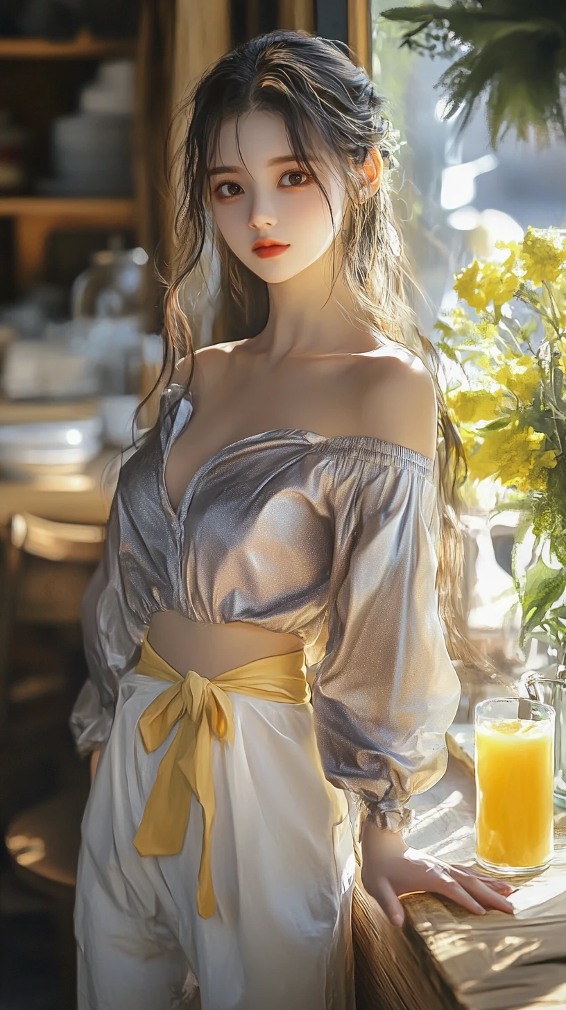 Young woman in a sunlit cafe with plants and flowers