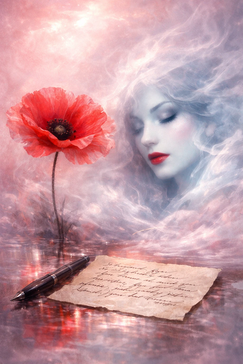Ethereal woman and red poppy above a reflective surface