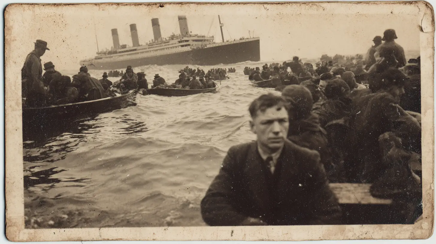 Ashamed Man In Lifeboat Watching The Titanic Sink