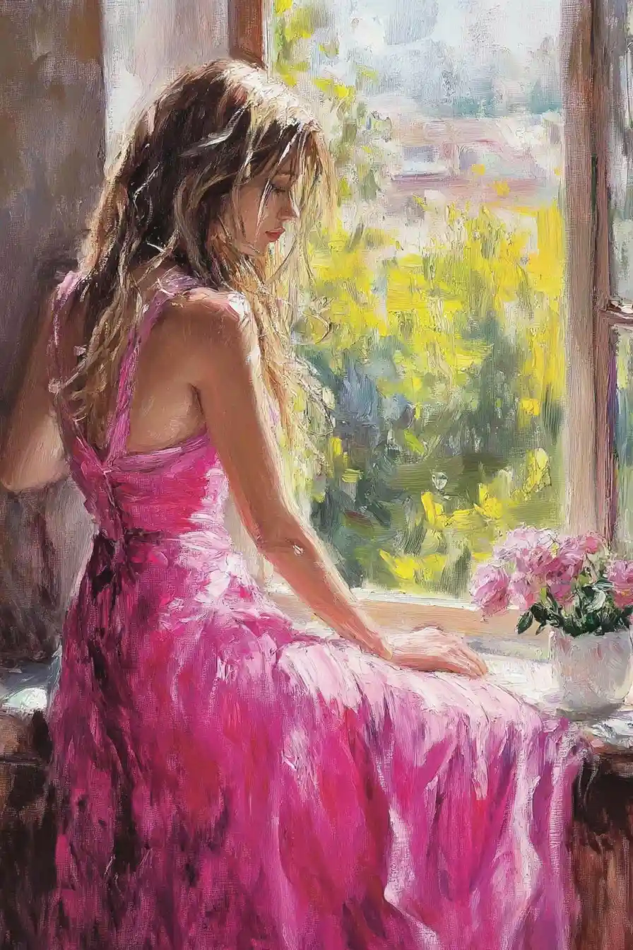 Donna con abito rosa fluente vicino a una finestra illuminata dal sole