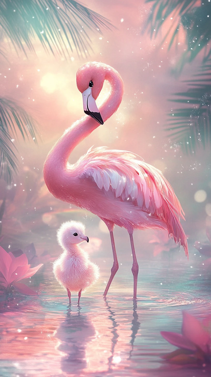 Mãe flamingo surreal protegendo seu filhote em uma lagoa suave