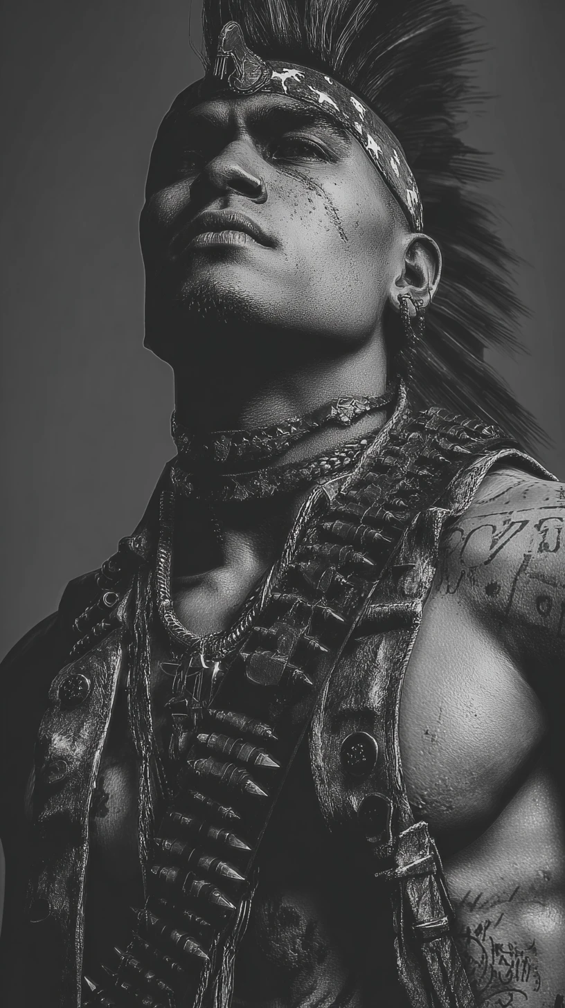 Stolzer, muskulöser Apache-Krieger im markanten monochromen Punk-Noir-Stil
