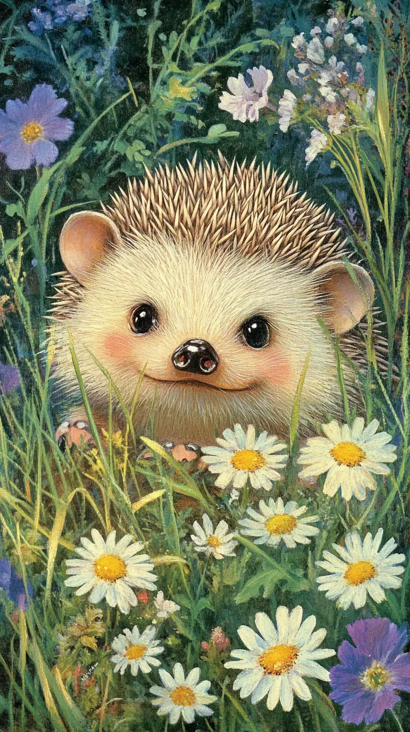 Smiling cartoon hedgehog hiding in tall summer grass