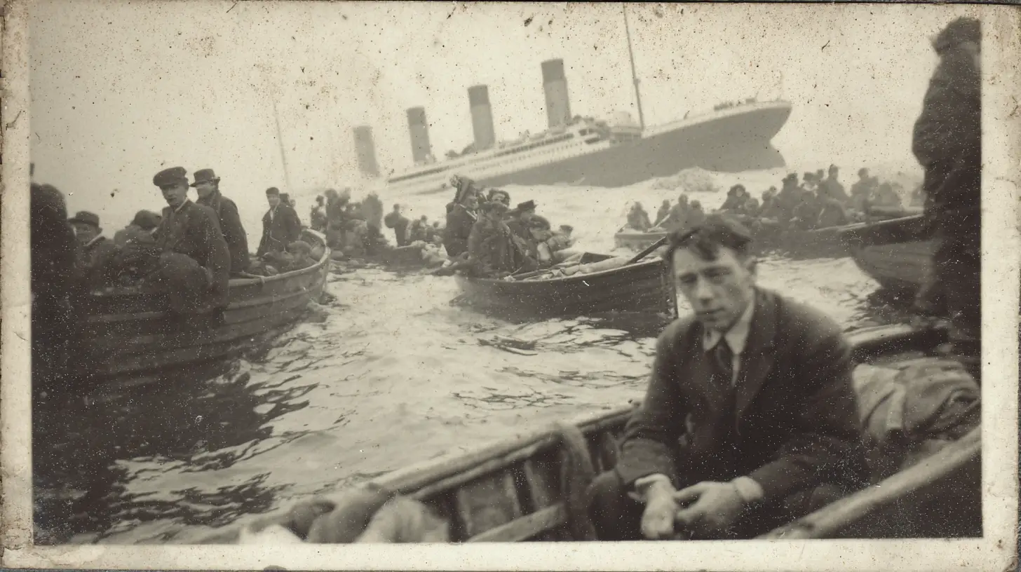 Ashamed man in lifeboat watching the great ship sink