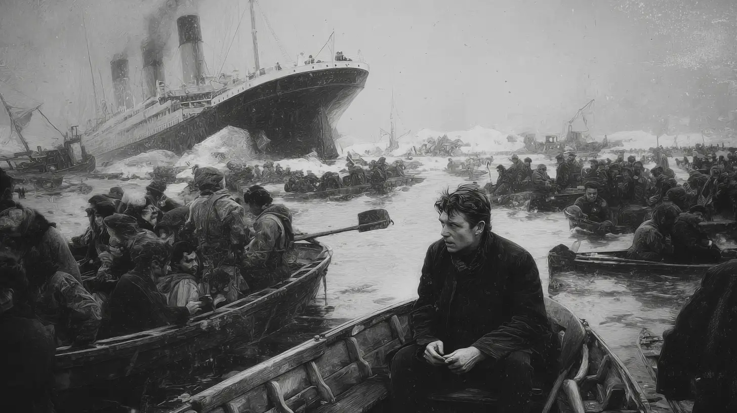 Ashamed man in lifeboat watching a great ship sink