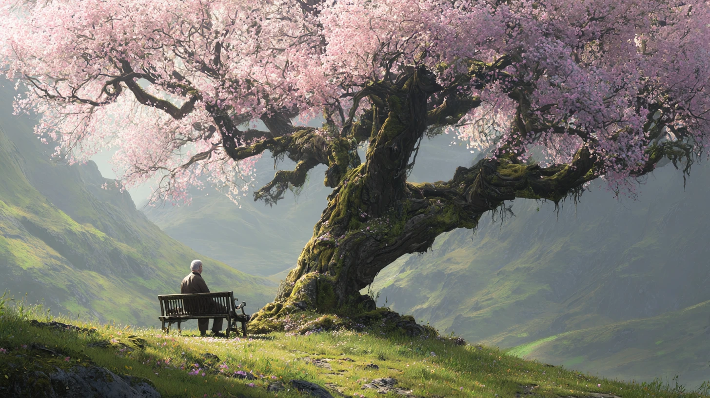 Elderly man on park bench beneath blossoming spring tree